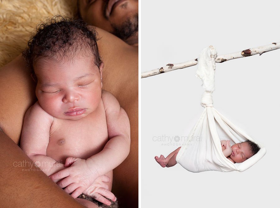 Newborn baby boy hanging from a tree branch - Los Angeles Newborn Professional Photographer - Cathy Murai Photography