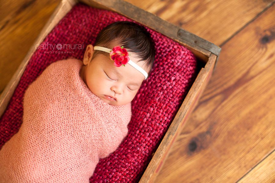 Precious Asian Newborn Baby Girl wrapped with pink stretched wrap sleeping in the antique soda box in the picture captured by Pasadena, Alhambra, San Gabriel Valley Newborn Photographer, Pet Photographer, Family Photographer, Cathy Murai Photography