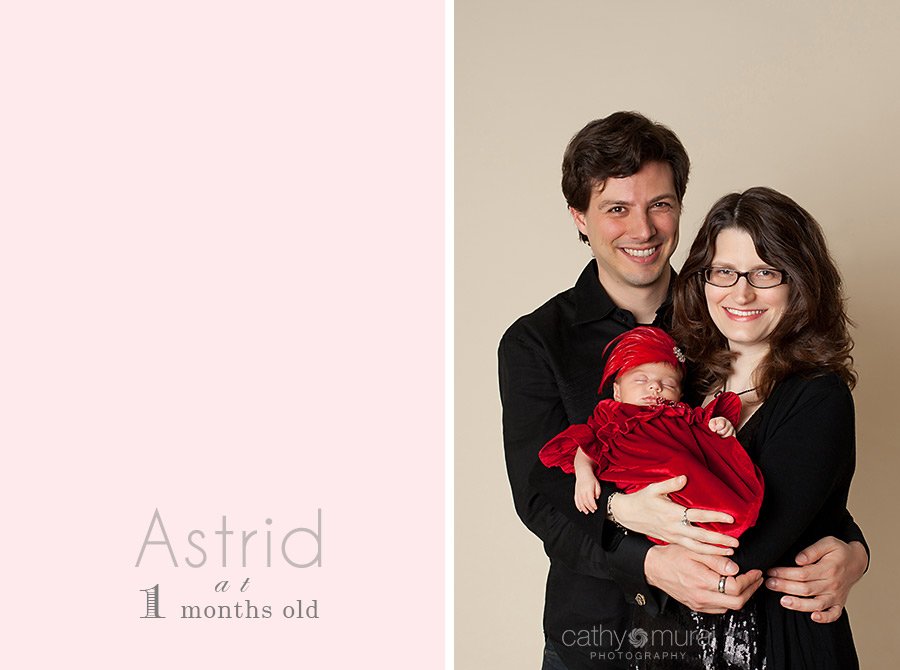 Family Christmas Portrait session with a 1 month old newborn baby girl wearing a beautiful Christmas red dress and a headband