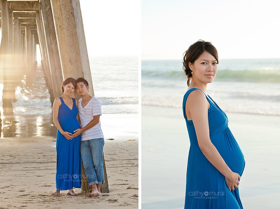 Daddy-to-be is holding a gorgeous mommy-to-be's belly in front of the beach at Manhattan Beach during maternity portrait session, mama-to-be, parents-to-be, blue maternity dress, Los Angeles Maternity photographer, Beach Session, Beach  Maternity Portrait Session, Maternity Session at Beach, Cathy Murai Photography