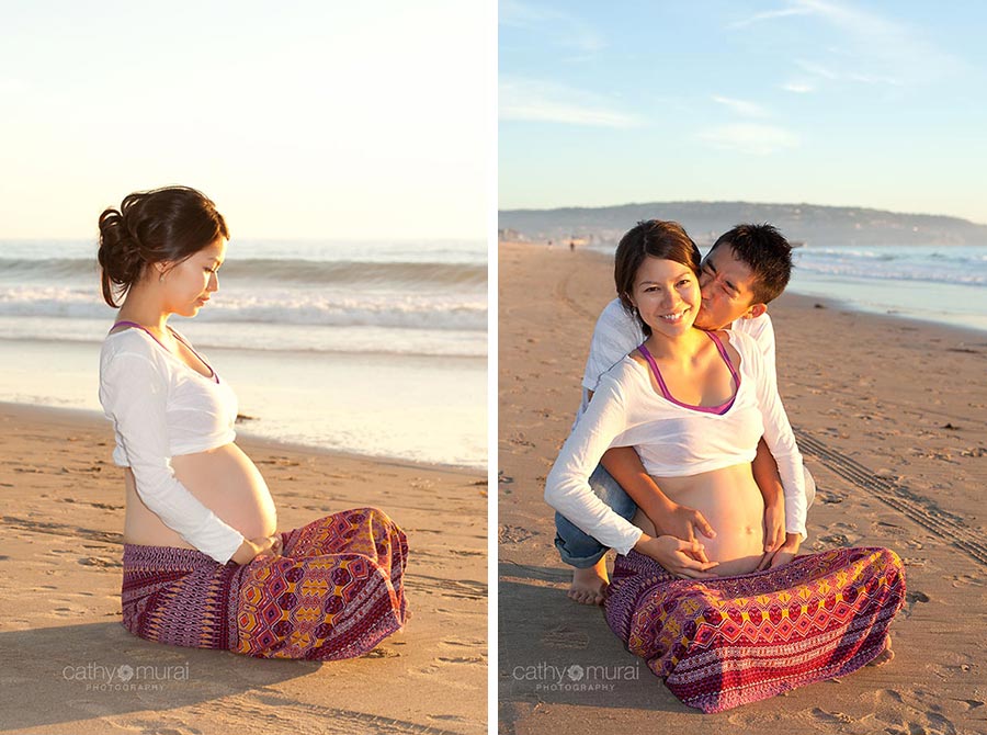 Daddy-to-be is kissing a gorgeous mommy-to-be in front of the beach at Manhattan Beach during maternity portrait session, mama-to-be, parents-to-be, burgundy maternity skirt, Los Angeles Maternity photographer, Beach Session, Beach  Maternity Portrait Session, Maternity Session at Beach, Cathy Murai Photography
