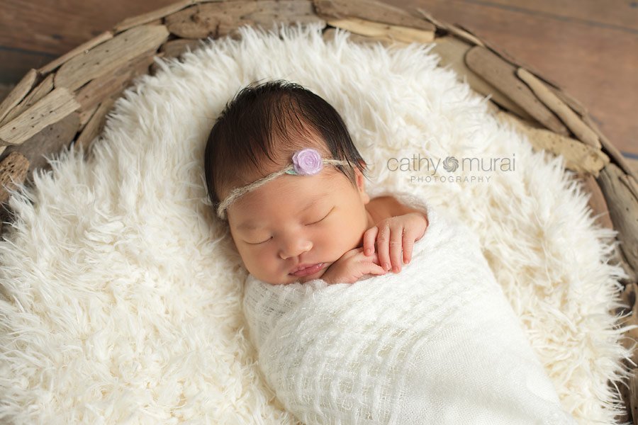 Newborn baby girl wearing a purple flower headband and wrapped with white scarf sleeping in driftwood bowl. Alhambra, San Gabriel Valley, CA Studio Newborn Photographer, Cathy Murai Photography 