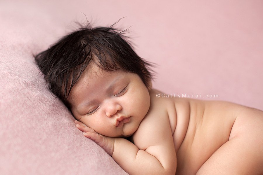  6 weeks old baby newborn baby girl, posing tushie up pose during newborn portrait photography session. Captured by Los Angeles, Alhambra Newborn Photographer, Cathy Murai Photography
