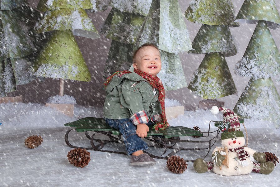 A handsome boy smiling while sitting on the sleigh in front of the christmas trees in snow, lemon backdrop stop, Cathy-Murai-Photography- Alhambra-South Pasadena-Pasadena-San Marino-San Gabriel Valley-Los Angeles-studio photography-Professional Christmas Photographer-Professional Christmas Photography, Christmas portrait photography Professional Christmas Photographer, Professional Christmas Photography, Children Christmas portrait photography, Christmas children photography, Christmas kids photography ideas, Christmas kids pictures