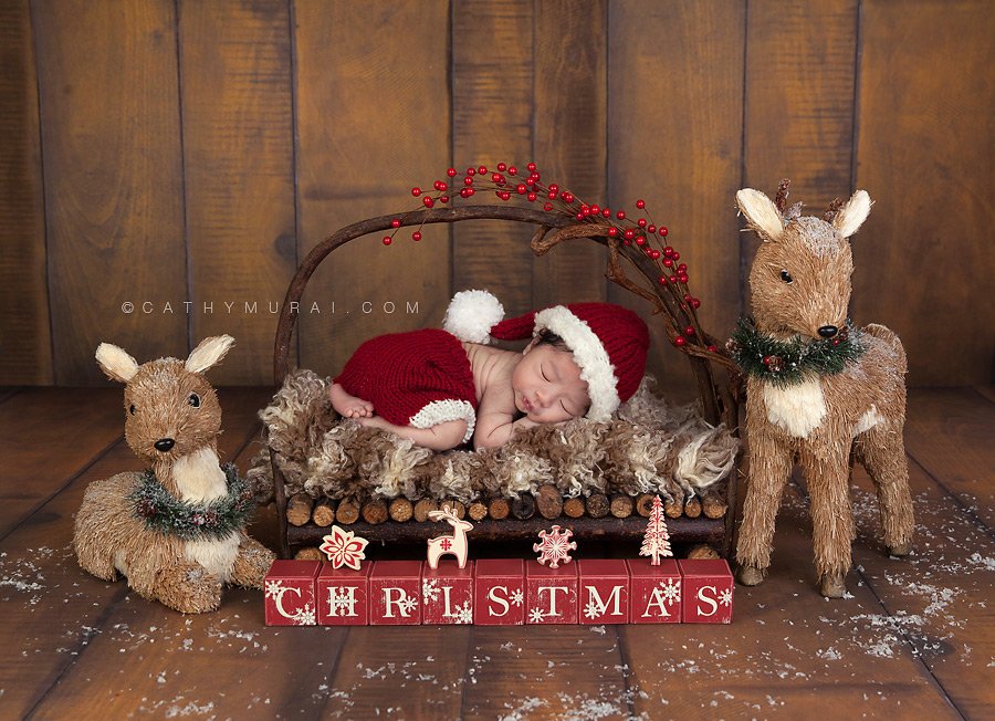 Newborn baby boy wearing santa hat and pants sleeping on the wooden bed in front of wooden backdrop from lemon drop stop Cathy-Murai-Photography- Alhambra-South Pasadena-Pasadena-San Marino-San Gabriel Valley-Los Angeles-Professional Christmas Photographer-Professional Christmas Photography-Christmas newborn photography-Christmas newborn pictures-Christmas newborn photography props-Christmas newborn photography ideas-Newborn Christmas portraits-Newborn baby Christmas photography-Newborn Christmas Photography