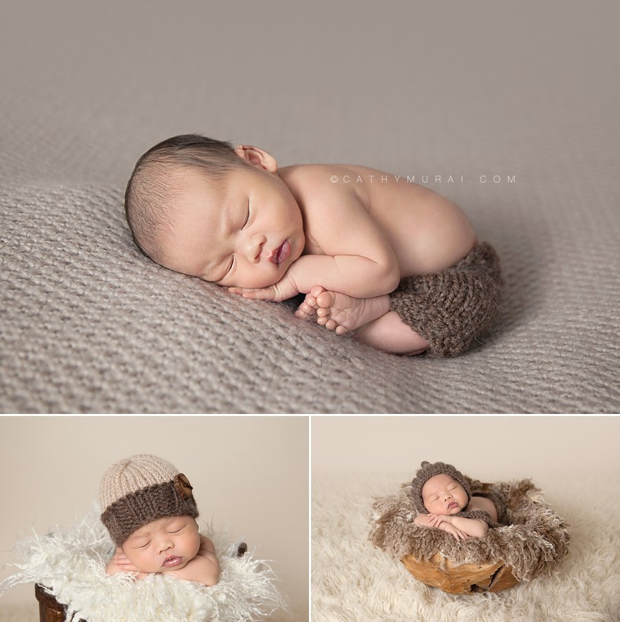 Newborn Baby Boy with brown hat and brown pants posing, captured by Cathy Murai Photography, los angeles newborn photographer, alhambra newborn photographer, san gabriel valley newborn photographer