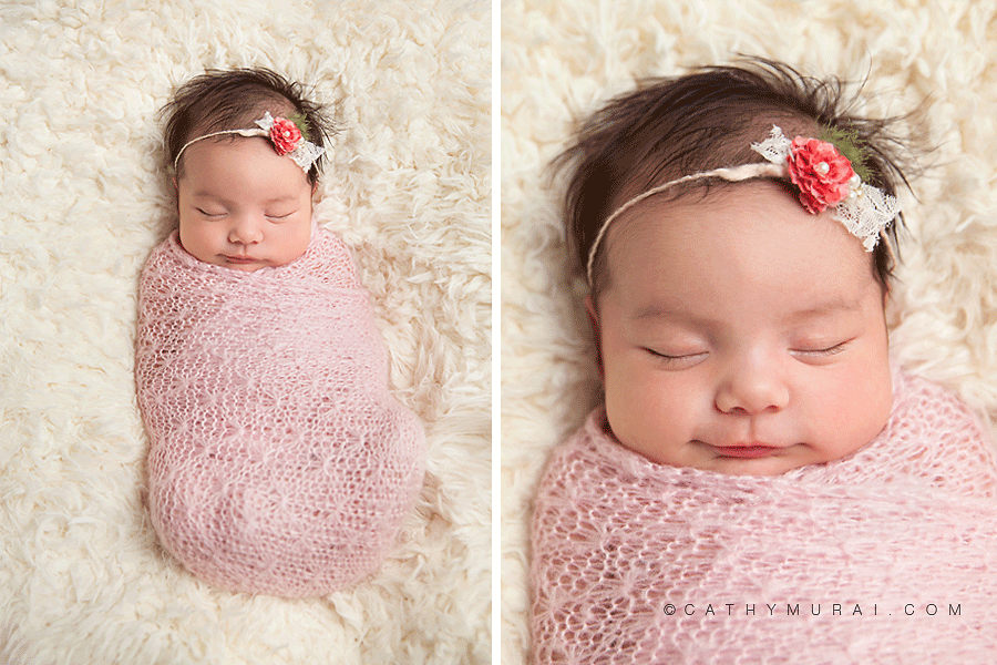 Newborn Baby Girl wrapped with pink wrap, wearing pink headband, newborn smiling, Los Angeles Newborn Photographer, Cathy Murai Photography, Alhambra, Las Tunas, San Gabriel Valley