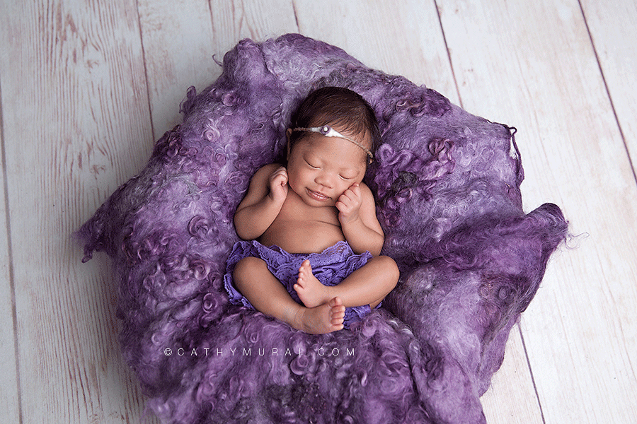 preemie newborn baby photography, preemie newborn baby picture, preemie newborn baby image, preemie newborn baby portrait, preemie newborn baby at 5 weeks old, smiling, wearing purple headband and purple diaper cover,, posing on the purple blanket made by Ababa Baby Props, captured by los angeles newborn baby photographer, los angeles  preemie photographer, los angeles newborn photographer, alhambar newborn baby photographer, lalhambra  preemie photographer, alhambra newborn photographer,  studio newborn photographer, Cathy Murai Photography