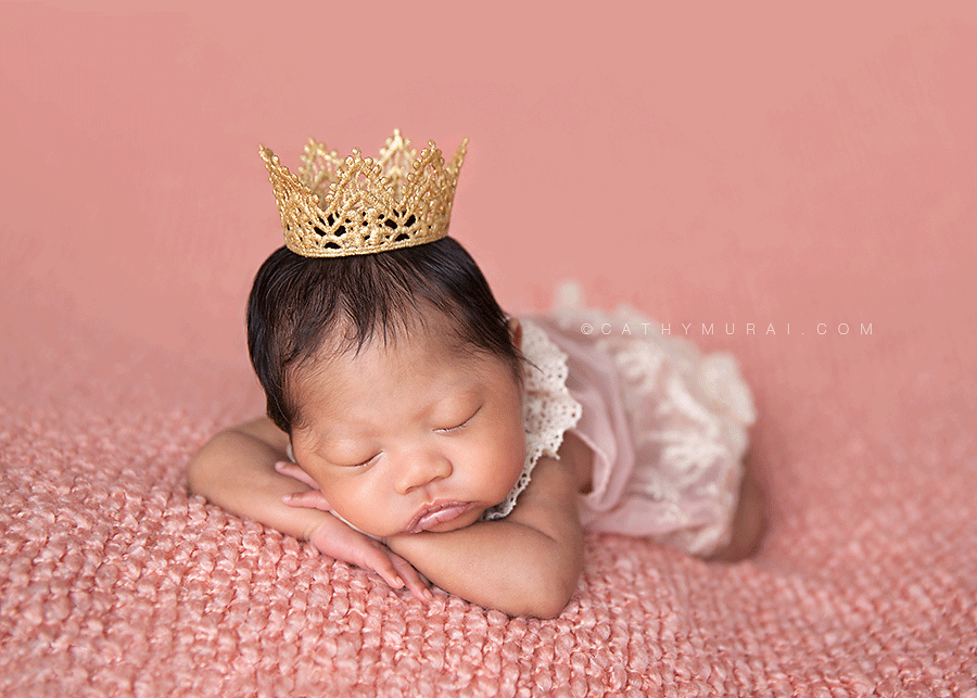 preemie newborn baby photography, preemie newborn baby picture, preemie newborn baby image, preemie newborn baby portrait, preemie newborn baby at 5 weeks old, wearing pink dress and gold crown, posing on the pink blanket, captured by los angeles newborn baby photographer, los angeles  preemie photographer, los angeles newborn photographer, alhambar newborn baby photographer, lalhambra  preemie photographer, alhambra newborn photographer,  studio newborn photographer, Cathy Murai Photography