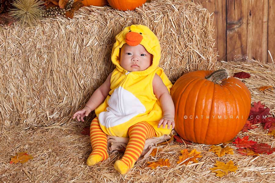 3 months baby in chick costume, Happy Halloween, Los Angeles Halloween Photographer, Halloween Mini Session, Hay and pumpkins, fall leaves