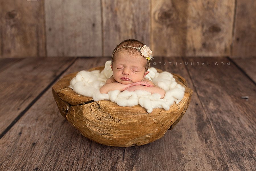 Newborn photography, newborn portraits, newborn photo, newborn in the wooden bowl on the wood floor