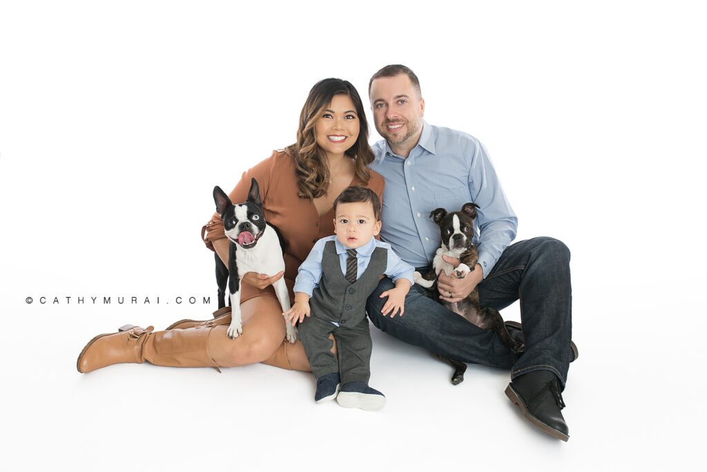 First birthday portrait including family and dogs / pets during his first birthday photoshoot with Cathy Murai Photography, a Irvine baby photographer