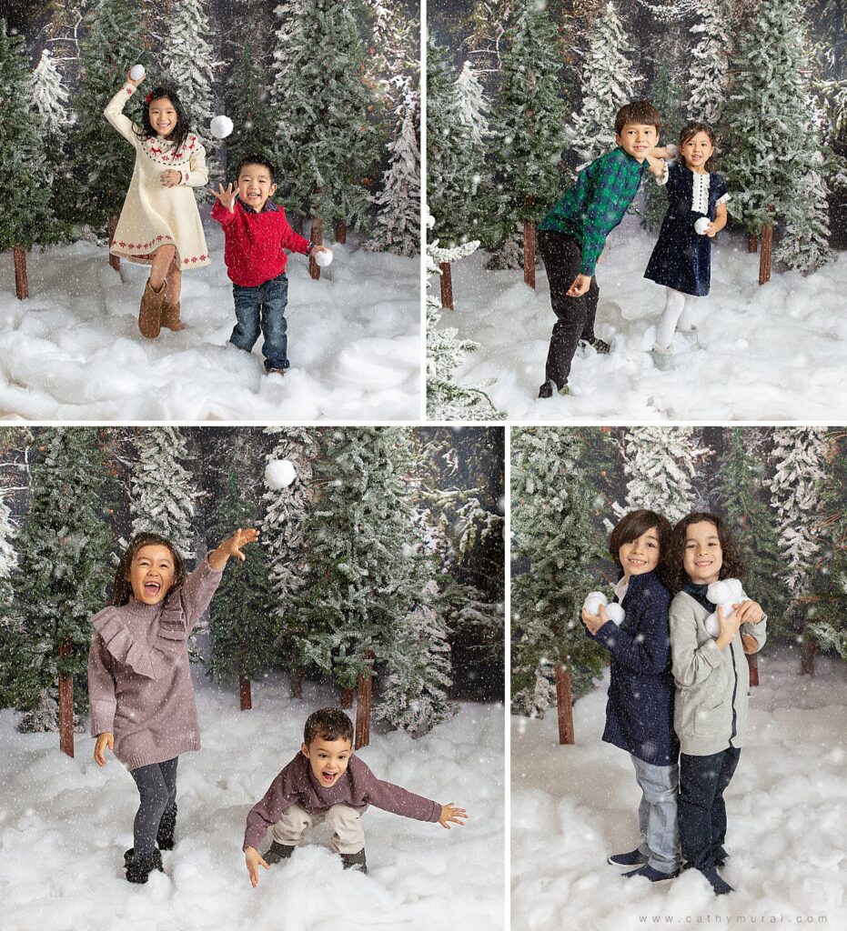 Holiday mini photo sessions near me Kids are having fun throwing snowballs in the snow - captured by Cathy Murai Photography in Irvine, CA
