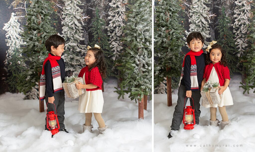 Holiday mini photo sessions near me Cathy Murai Photography captured these adorable siblings portraits during holiday mini sessions in Orange County. 2020 Christmas mini photo session in Irvine, CA
