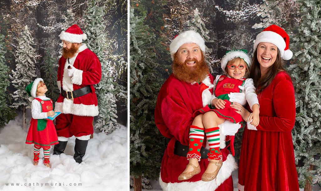 Holiday mini photo sessions near me Cathy Murai Photography captured this wonderful family (Father dressed up as Santa, Mother dressed up as Mrs. Clause, and a daughter dressed up as Elf. This Holiday Mini Sessions were held in Orange County. 2020 Christmas mini photo session in Irvine, CA
