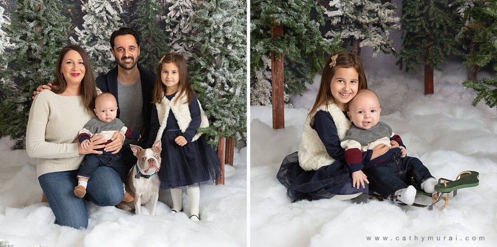 Holiday mini photo sessions near me Cathy Murai Photography captured this beautiful family including a baby and a dog as well as the siblings riding on the sleigh during the holiday mini sessions in Irvine, CA (orange county). 2020 Christmas mini photo session