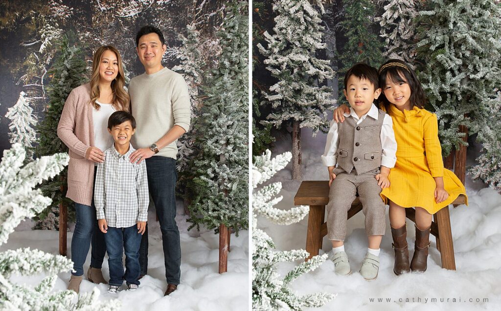 Holiday mini photo sessions near me Cathy Murai Photography captured these family and siblings portraits in the snow setting during holiday mini sessions in Orange County. 2020 Christmas mini photo session in Irvine, CA