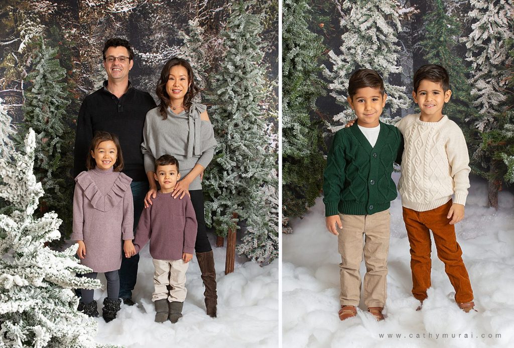 Holiday mini photo sessions near me Cathy Murai Photography captured a beautiful family portrait and an adorable sibling portrait during holiday mini sessions in Irvine, CA. 2020 Orange County Christmas mini photo session.