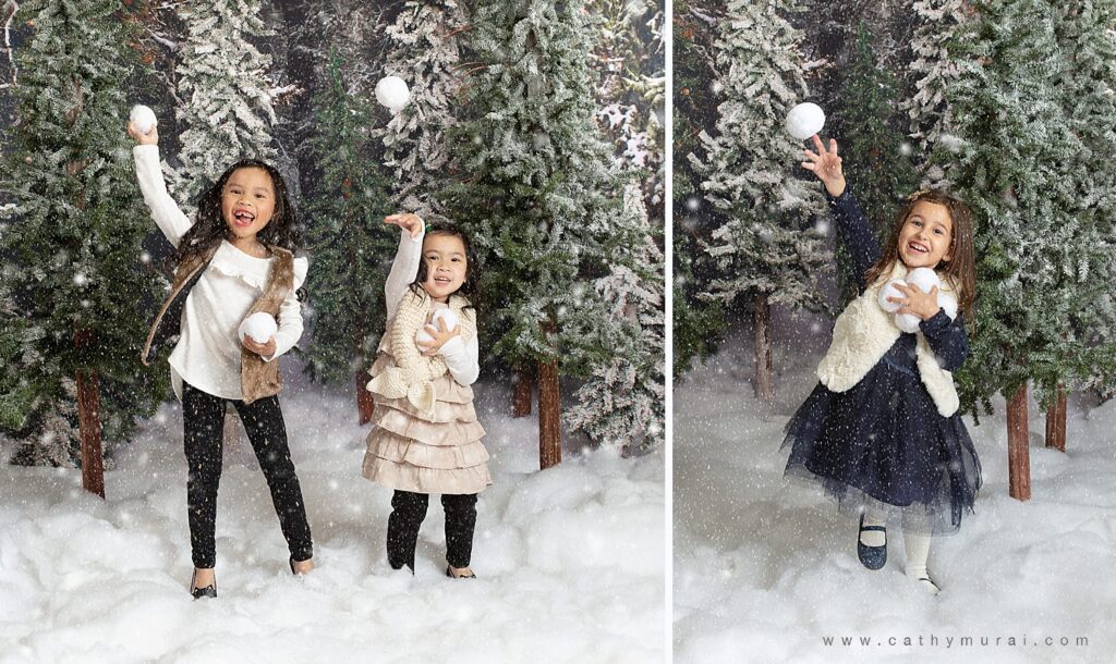 Holiday mini photo sessions near me Kids are having fun throwing snowballs in the snow - captured by Cathy Murai Photography in Irvine, CA