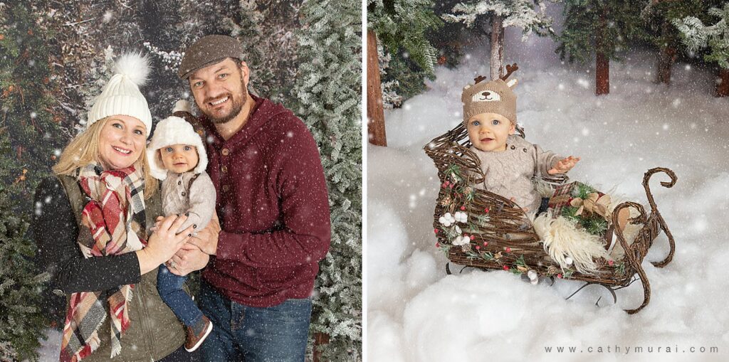 Holiday mini photo sessions near me Cathy Murai Photography captured this family portrait in snow during holiday mini sessions in Orange County. A boy baby is smiling while riding on the sleigh during 2020 Christmas mini photo session in Irvine, CA