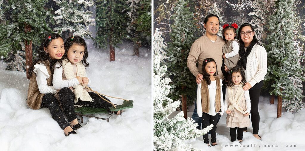 Holiday mini photo sessions near me Cathy Murai Photography captured  this adorable sibling portrait and the beautiful family portrait during holiday mini sessions in Irvine, CA. 2020 Orange County Christmas mini photo session.