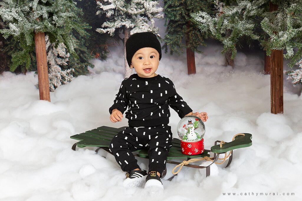 Holiday mini photo sessions near me Cathy Murai Photography captured this happy boy (handsome toddler) with a snow globe on the sleigh during holiday mini sessions in Irvine, CA. 2020 Orange County Christmas mini photo session.