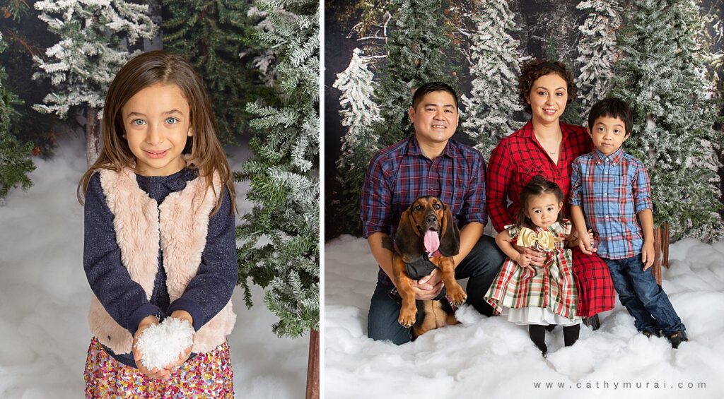 Holiday mini photo sessions near me Cathy Murai Photography captured  this adorable girl holding snow and the beautiful family, including a puppy during holiday mini sessions in Irvine, CA. 2020 Orange County Christmas mini photo session.